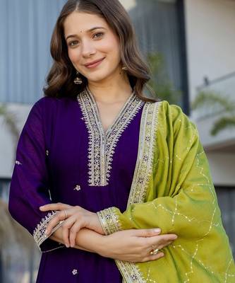 Purple color vichitra silk embroidery ceremonial suit 3