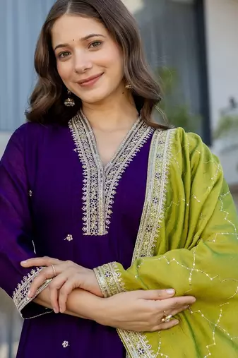 Purple color vichitra silk embroidery ceremonial suit