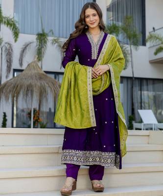 Purple color vichitra silk embroidery ceremonial suit 4