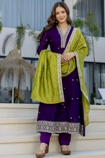 Purple color vichitra silk embroidery ceremonial suit