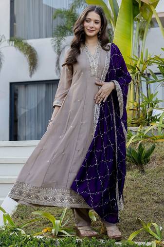 Grey color vichitra silk fabric designer embroidery work ethnic ceremonial suit