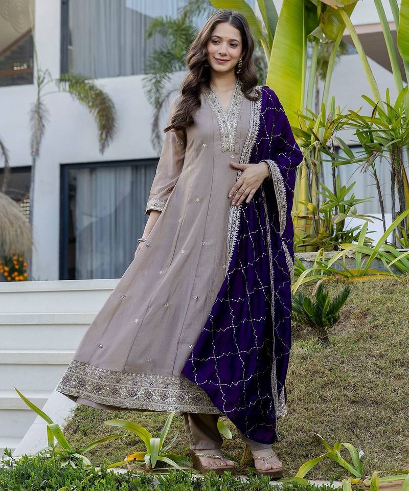 Grey color vichitra silk fabric designer embroidery work ethnic ceremonial suit