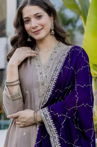 Grey color vichitra silk embroidery ceremonial suit