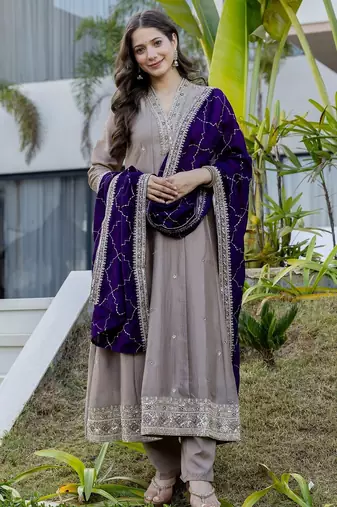 Grey color vichitra silk embroidery ceremonial suit