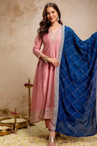Pink color vichitra silk fabric designer embroidery work ethnic ceremonial suit