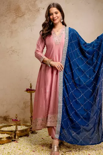 Pink color vichitra silk fabric designer embroidery work ethnic ceremonial suit
