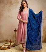 Pink color vichitra silk fabric designer embroidery work ethnic ceremonial suit