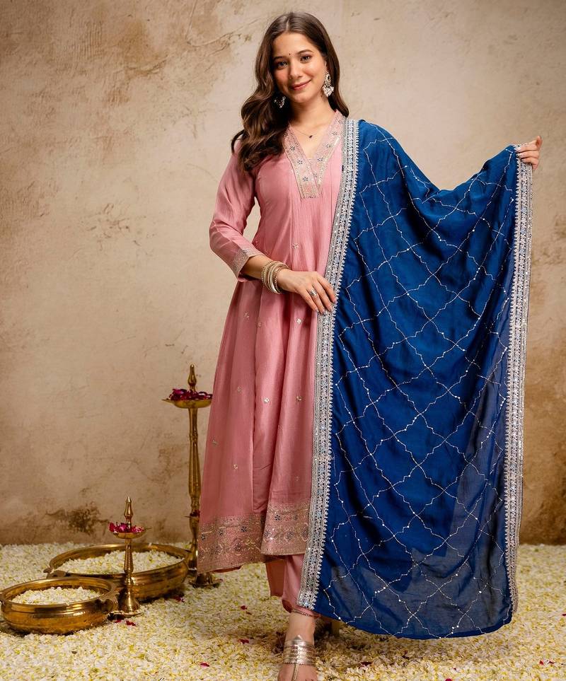 Pink color vichitra silk fabric designer embroidery work ethnic ceremonial suit