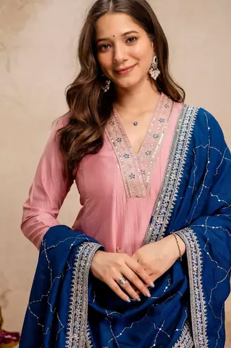 Pink color vichitra silk embroidery ceremonial suit
