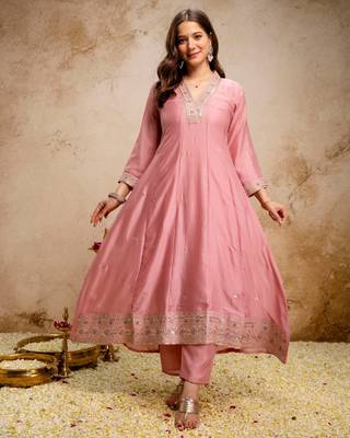 Pink color vichitra silk embroidery ceremonial suit 4