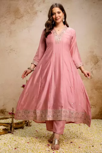Pink color vichitra silk embroidery ceremonial suit
