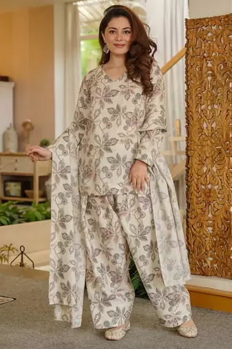 Graceful cream color cotton silk fabric designer printed readymade partywear suit