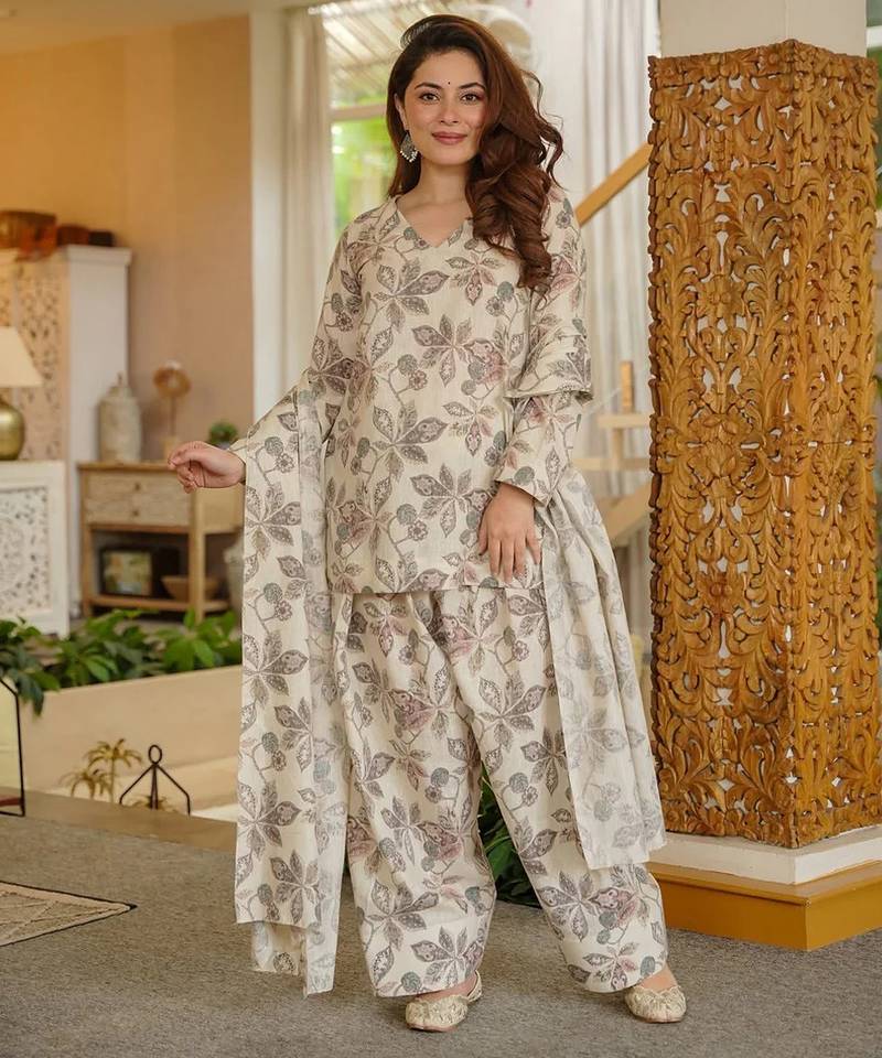 Graceful cream color cotton silk fabric designer printed readymade partywear suit
