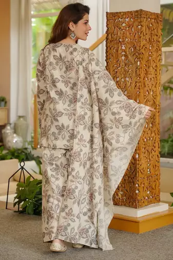Graceful cream color cotton silk printed readymade partywear suit