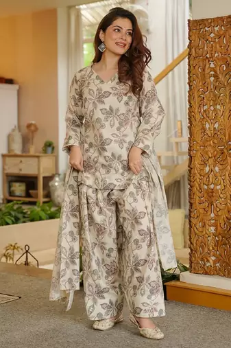 Graceful cream color cotton silk printed readymade partywear suit