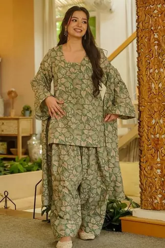 Graceful green color cotton silk fabric designer printed readymade partywear suit