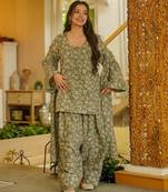 Graceful green color cotton silk fabric designer printed readymade partywear suit
