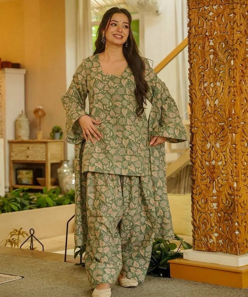 Graceful green color cotton silk fabric designer printed readymade partywear suit