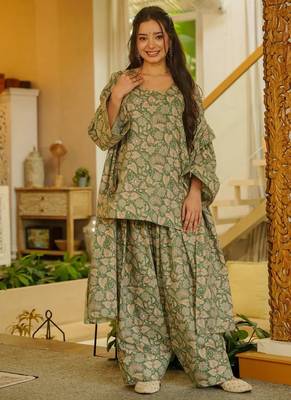Graceful green color cotton silk printed readymade partywear suit 2