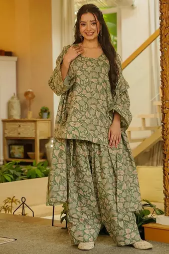Graceful green color cotton silk printed readymade partywear suit