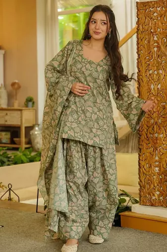 Graceful green color cotton silk printed readymade partywear suit