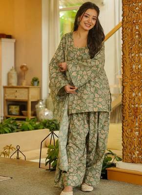 Graceful green color cotton silk printed readymade partywear suit 4