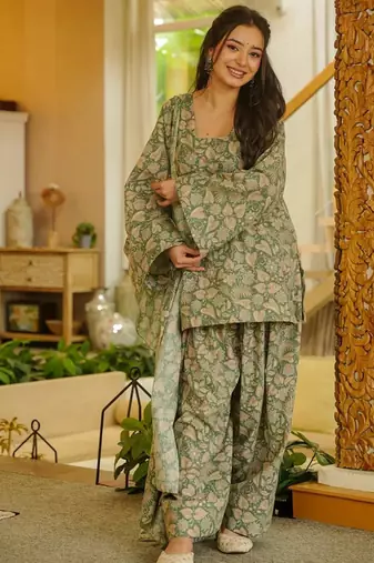 Graceful green color cotton silk printed readymade partywear suit