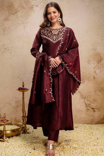 Coffee color vichitra silk fabric beautiful embroidered ceremonial readymade kurta set
