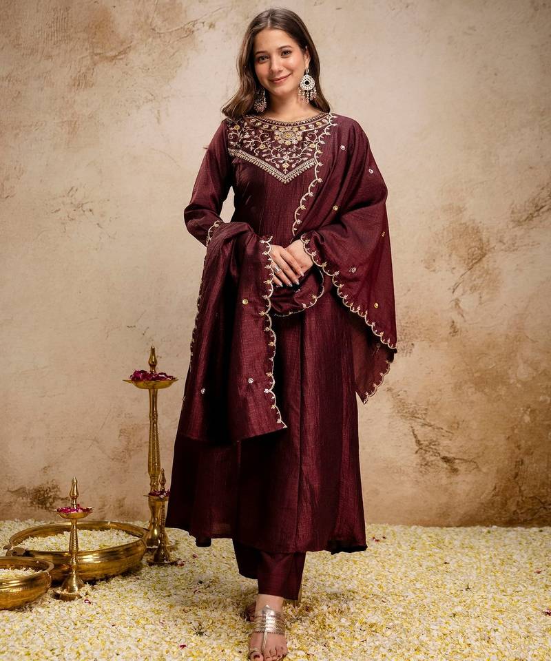 Coffee color vichitra silk fabric beautiful embroidered ceremonial readymade kurta set