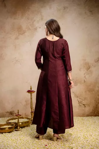 Coffee color vichitra silk beautiful embroidered ceremonial readymade kurta set