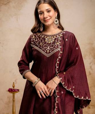 Coffee color vichitra silk beautiful embroidered ceremonial readymade kurta set 3
