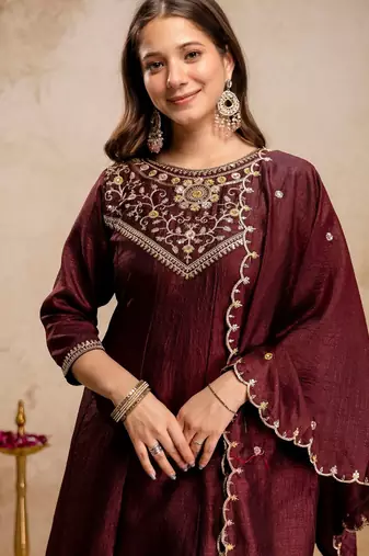 Coffee color vichitra silk beautiful embroidered ceremonial readymade kurta set