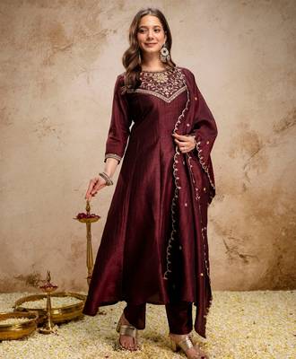 Coffee color vichitra silk beautiful embroidered ceremonial readymade kurta set 4