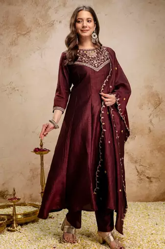Coffee color vichitra silk beautiful embroidered ceremonial readymade kurta set
