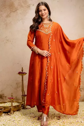 Orange color vichitra silk fabric beautiful embroidered ceremonial readymade kurta set