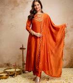 Orange color vichitra silk fabric beautiful embroidered ceremonial readymade kurta set