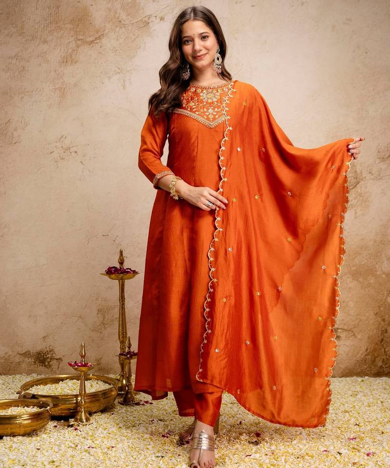 Orange color vichitra silk fabric beautiful embroidered ceremonial readymade kurta set