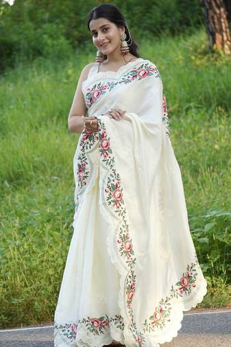 White Color Embroidery viscos thread work Silk Saree