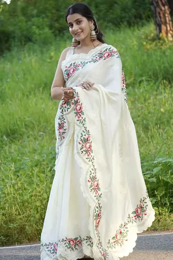 White Color Embroidery viscos thread work Silk Saree