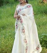 White Color Embroidery viscos thread work Silk Saree