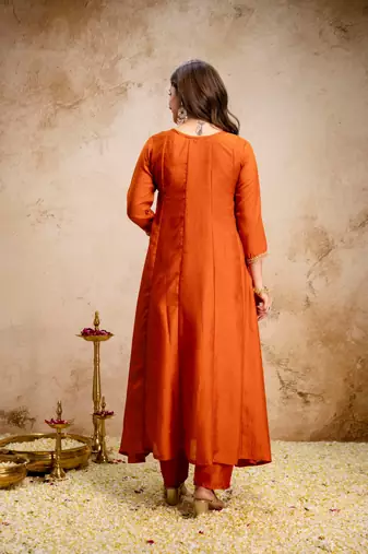 Orange color vichitra silk beautiful embroidered ceremonial readymade kurta set