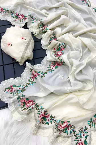 white silk blend embroidered wedding saree