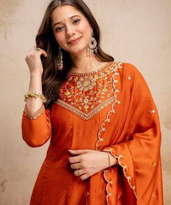Orange color vichitra silk beautiful embroidered ceremonial readymade kurta set 3