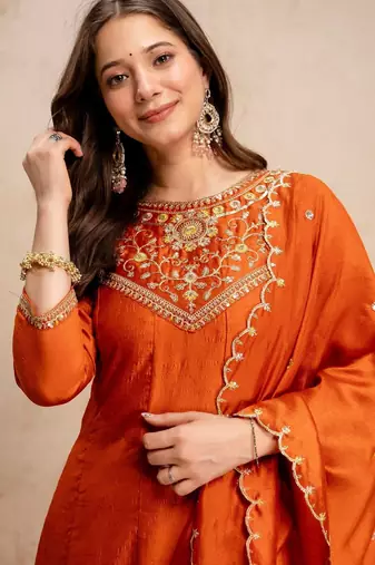 Orange color vichitra silk beautiful embroidered ceremonial readymade kurta set