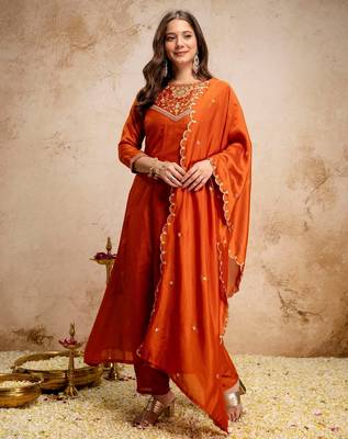 Orange color vichitra silk beautiful embroidered ceremonial readymade kurta set 4
