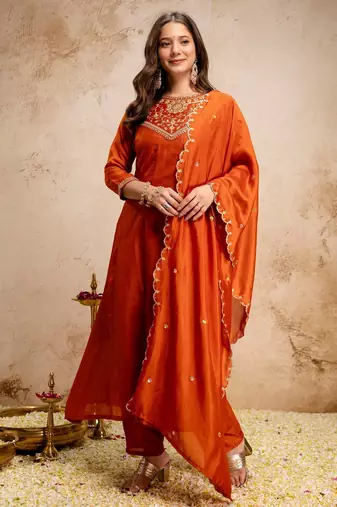 Orange color vichitra silk beautiful embroidered ceremonial readymade kurta set
