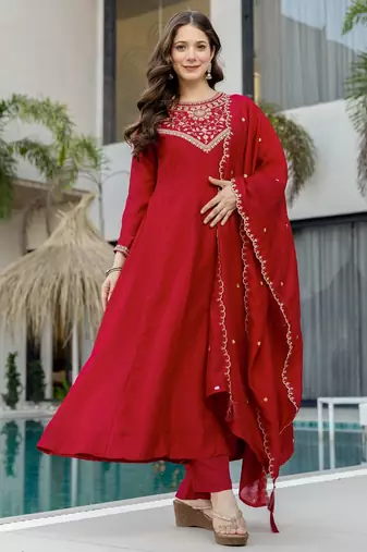Red color vichitra silk fabric beautiful embroidered ceremonial readymade kurta set