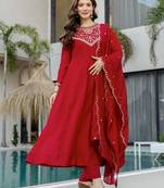 Red color vichitra silk fabric beautiful embroidered ceremonial readymade kurta set