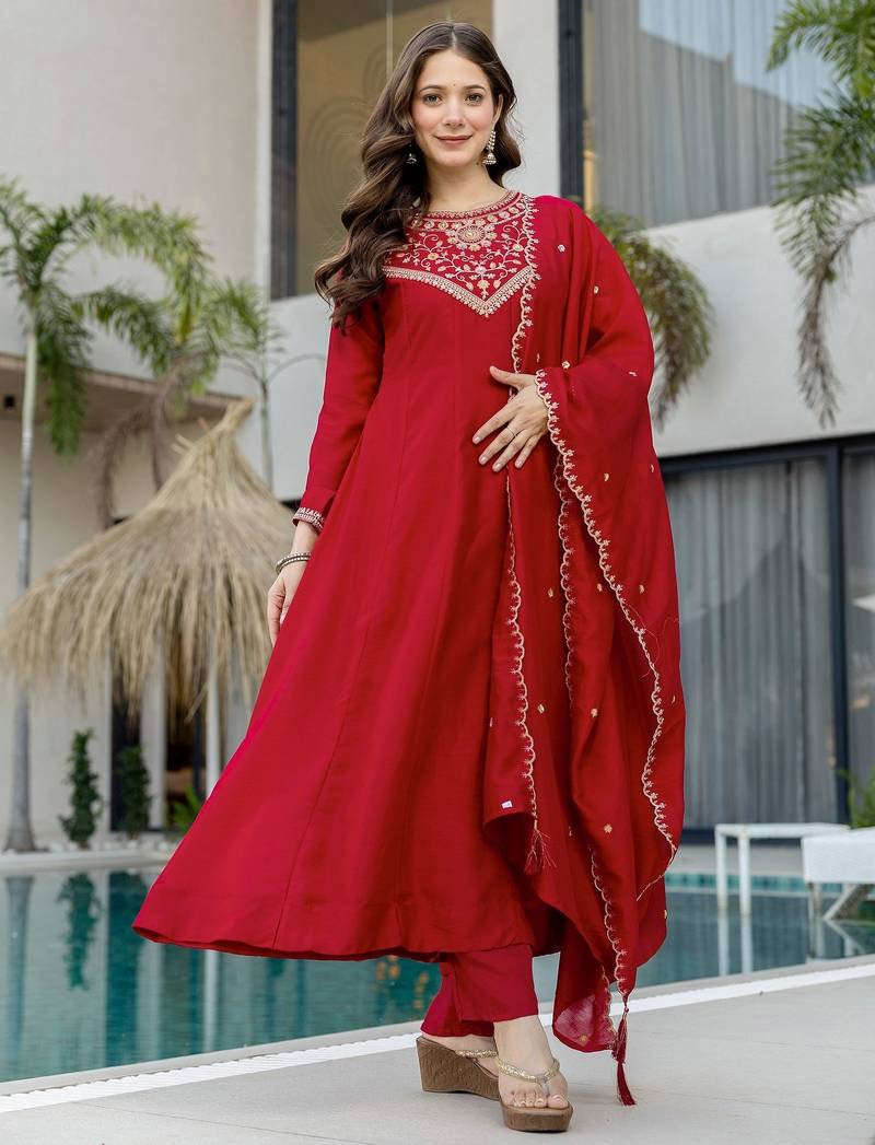 Red color vichitra silk fabric beautiful embroidered ceremonial readymade kurta set
