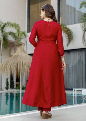 Red color vichitra silk beautiful embroidered ceremonial readymade kurta set 2